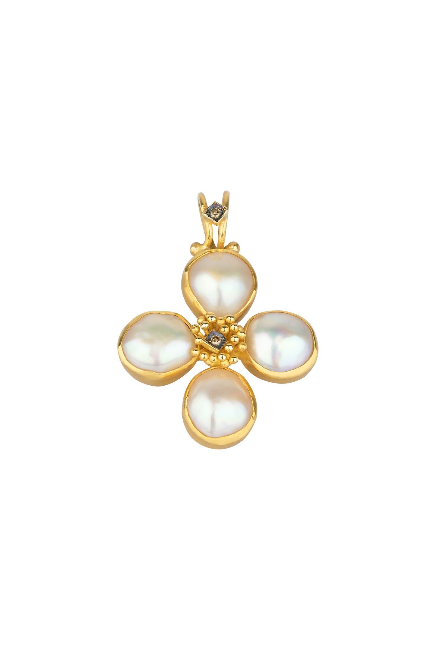 Handmade gold 18k cross with freshwater pearl and brilliant