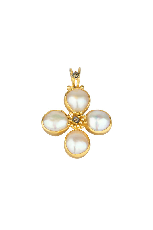 Handmade gold 18k cross with freshwater pearl and brilliant
