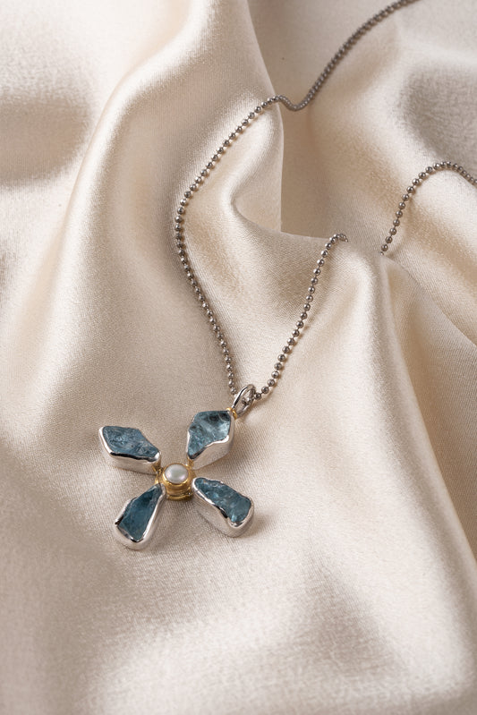 Silver 925 and gold 18K cross with aquamarine and fresh water pearl and Silver 925 chain