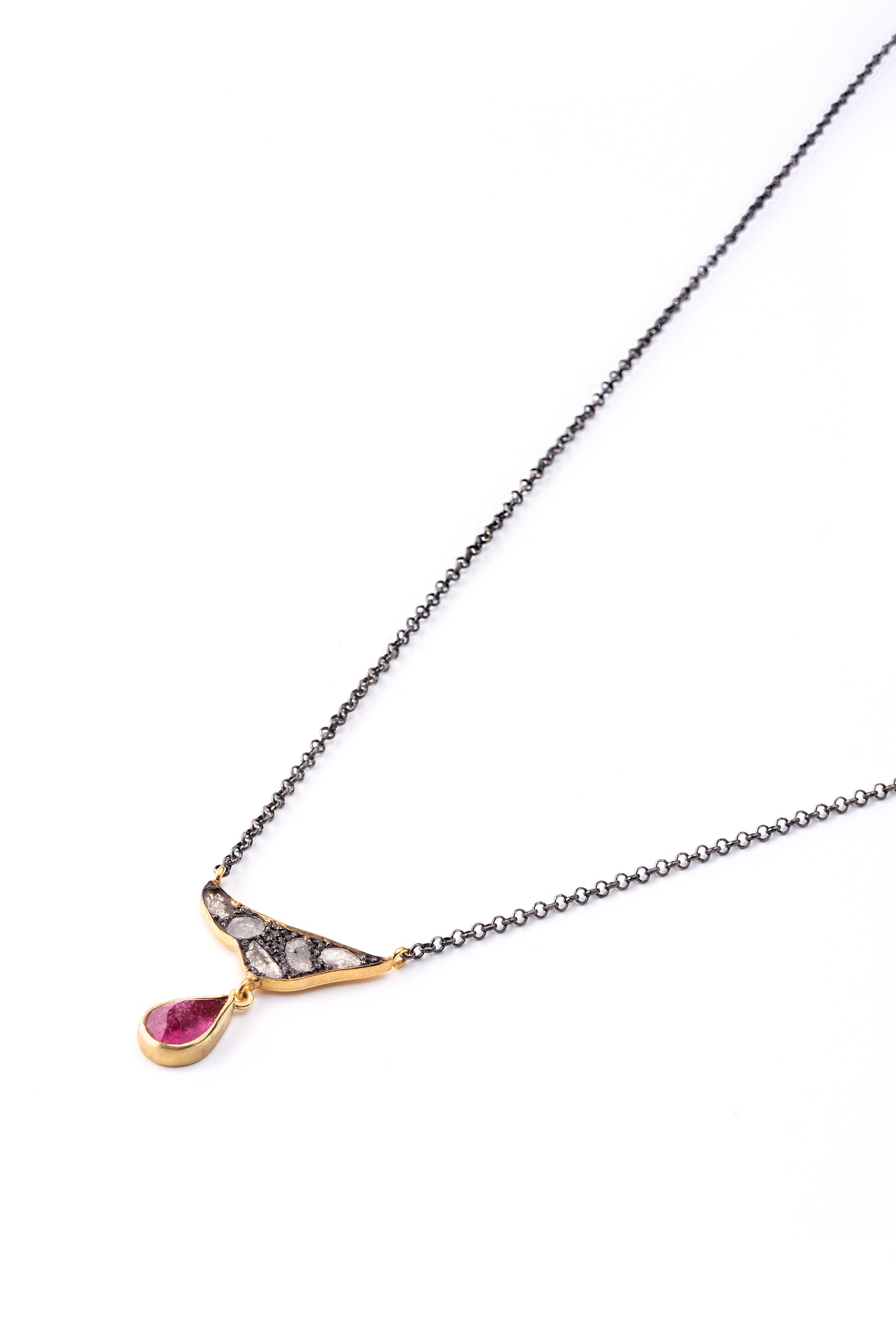 Gold 18K neckless with tourmaline and rough diamonds Silver oxidized 925 chain